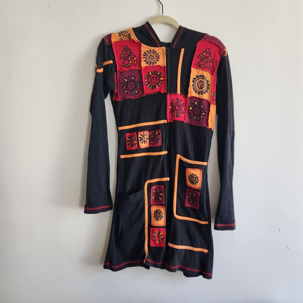 Patchwork Floral Zip Up Hooded Jacket Hippie Top Artsy Black Red XXL Grunge
